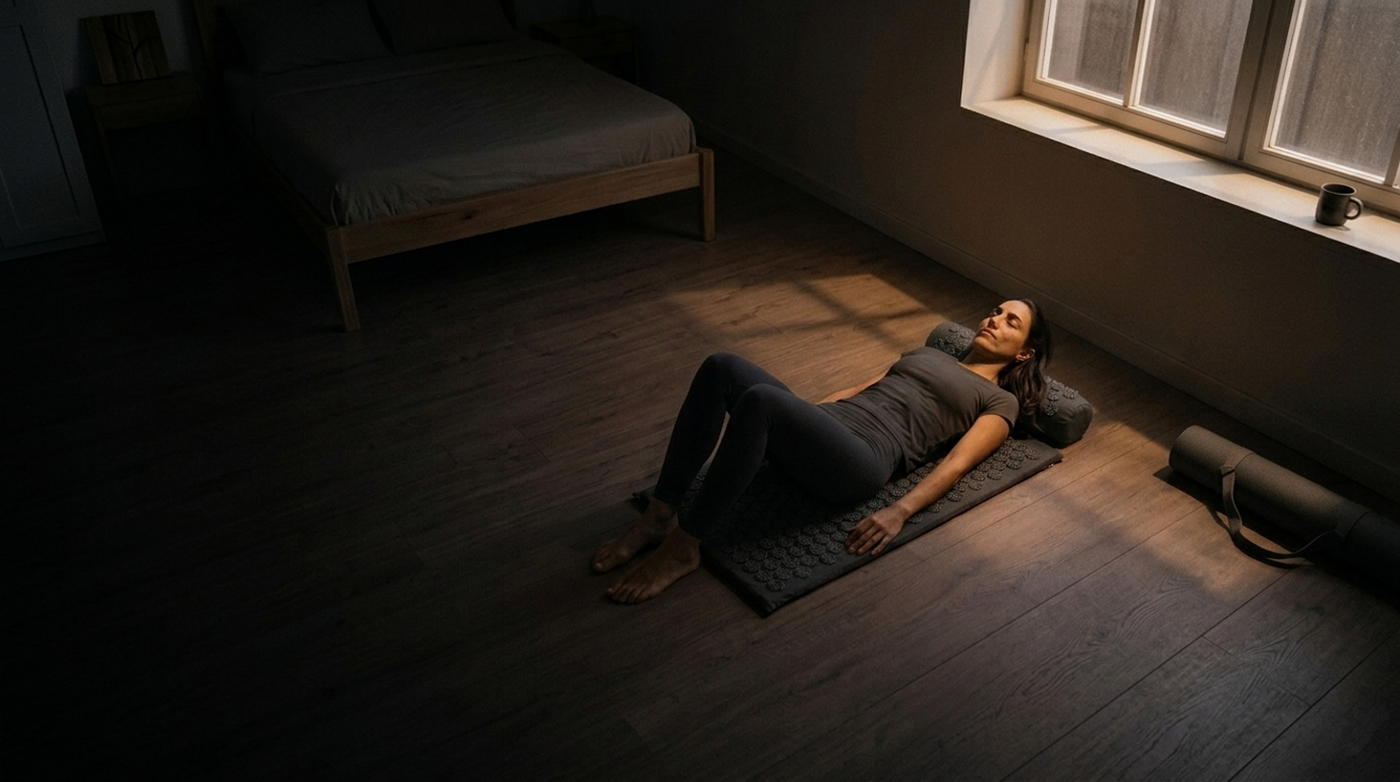 Mujer tumbada sobre la esterilla de acupresión REKALMA en un dormitorio al atardecer